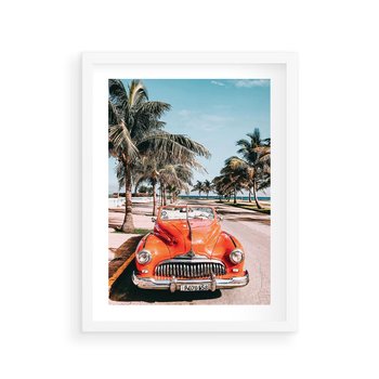 Plakat w ramie 50x70 - Retro Przejażdżka - pomarańczowy retro samochód, kabriolet - rama biała