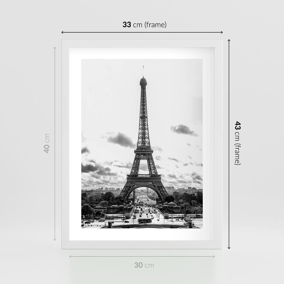 Plakat w ramie 30x40 - Wieża Eiffla - czarno białe zdjecie, wieża eiffla - rama biała