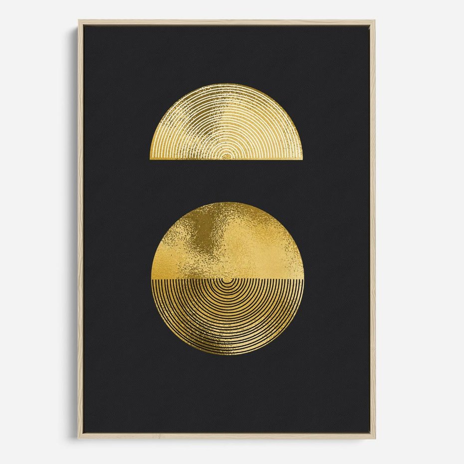 Obraz w ramie 70x100 - Migotliwe Przeniknięcia - złote koła, czarne tło - rama drewno