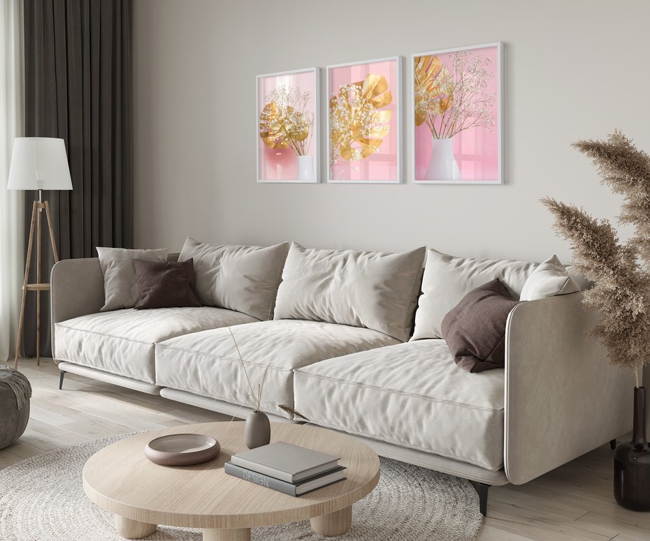 Zestaw obrazy w ramie 50x70 galeria - Złote, liście, monstera, kwiaty - rama biała