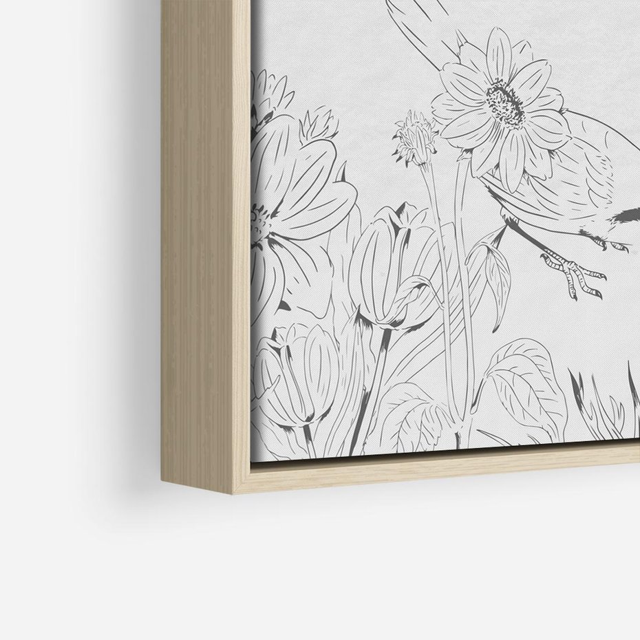 Obraz w ramie 80x80 - Tropiki w Monochromie - czarno biały szkic, tropikalne ptaki - rama drewno