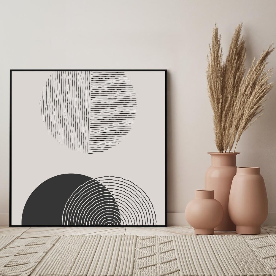 Obraz w ramie 50x50 - Przenikająca Rzeczywistość - abstrakcyjna kompozycja, okręgi i półokręgi - rama czarna