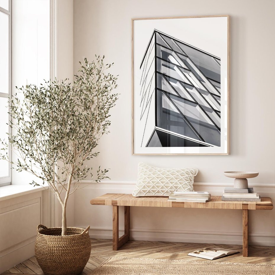 Plakat w ramie 30x40 - Architektura Przyszłości: Czarno-Białe Ujęcie - nowoczesna architektura, czarno białe zdjęcie - rama drewno