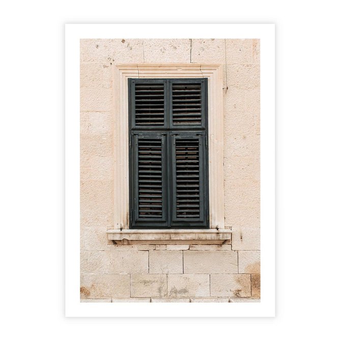 Plakat bez ramy 21x30 - Urok Starego Okna z Zielonymi Okiennicami - stare okno, kamienica
