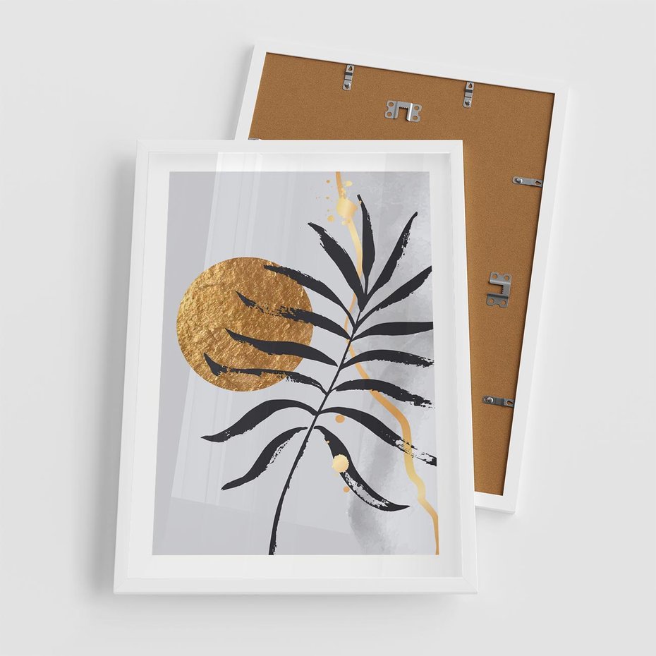 Plakat w ramie 50x70 - Grafika z Czarnym Liściem Palmy - czarny liść palmy, złóte kołó - rama biała
