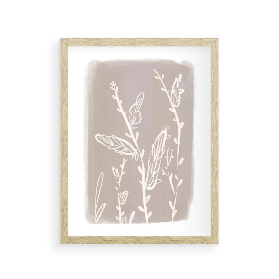 Plakat w ramie 30x40 - Roślinne Przeniknięcia - nowoczesny subtelny plakat, beżowy - rama drewno
