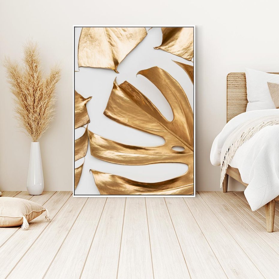 Obraz w ramie 70x100 - Siła Natury - złote, liście - rama biała