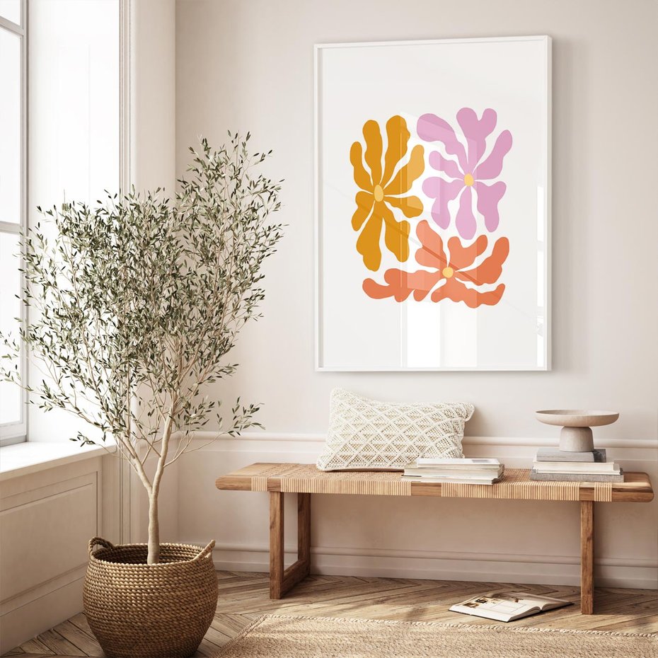 Plakat bez ramy 21x30 - Rozbijające Refleksje - abstrakcyjne kolorowe kwiaty, minimlizm