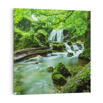 Obraz na płótnie 70x70 - Las przy rzece: potężny wodospad - las, rzeka