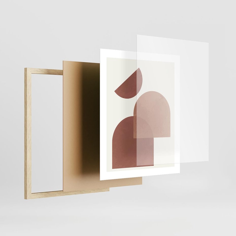 Plakat w ramie 40x50 - Harmonijne Widoki - abstrakcyjne geometryczne kształty, odcienie brązu i beżu - rama drewno