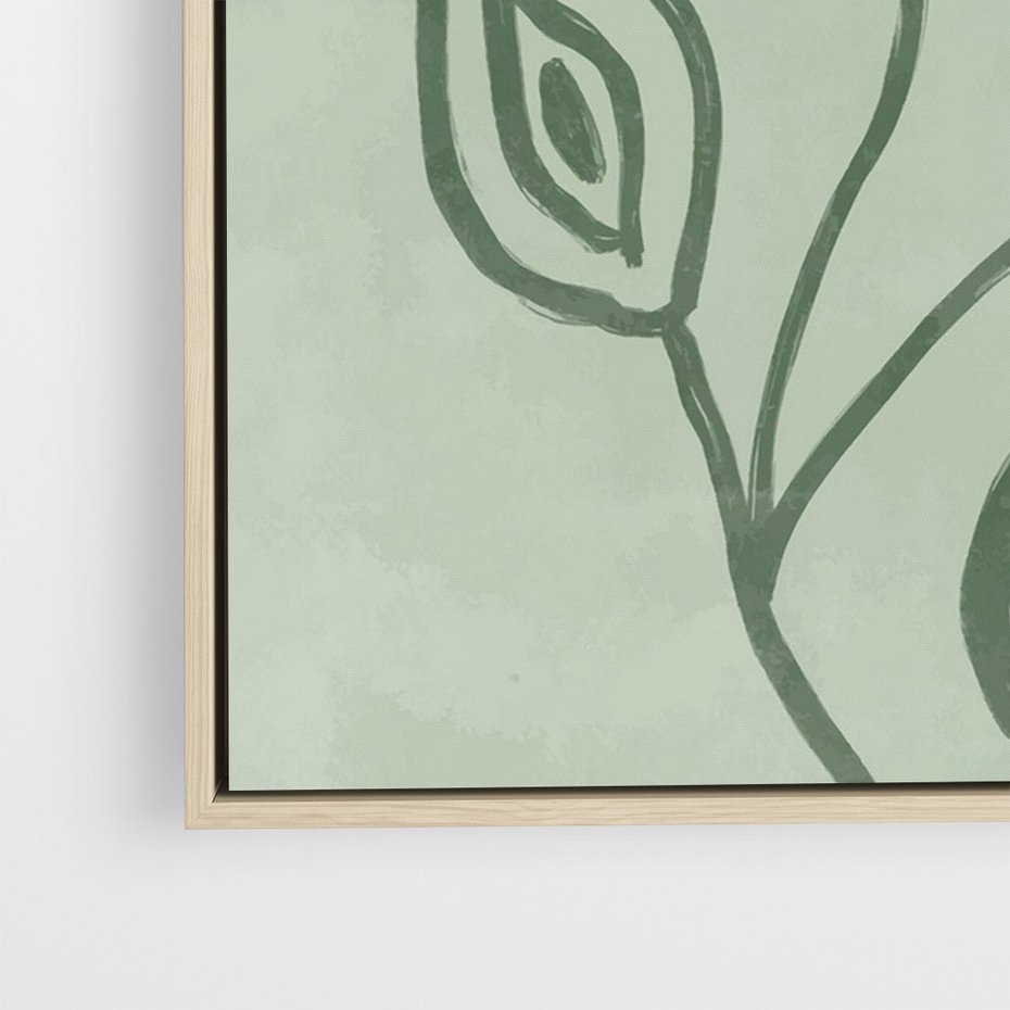 Obraz w ramie 70x100 - Szmaragdowy Oddech - abstrakcyjne delikatne zielone linie, podobne do gałęzi kwiatów - rama drewno