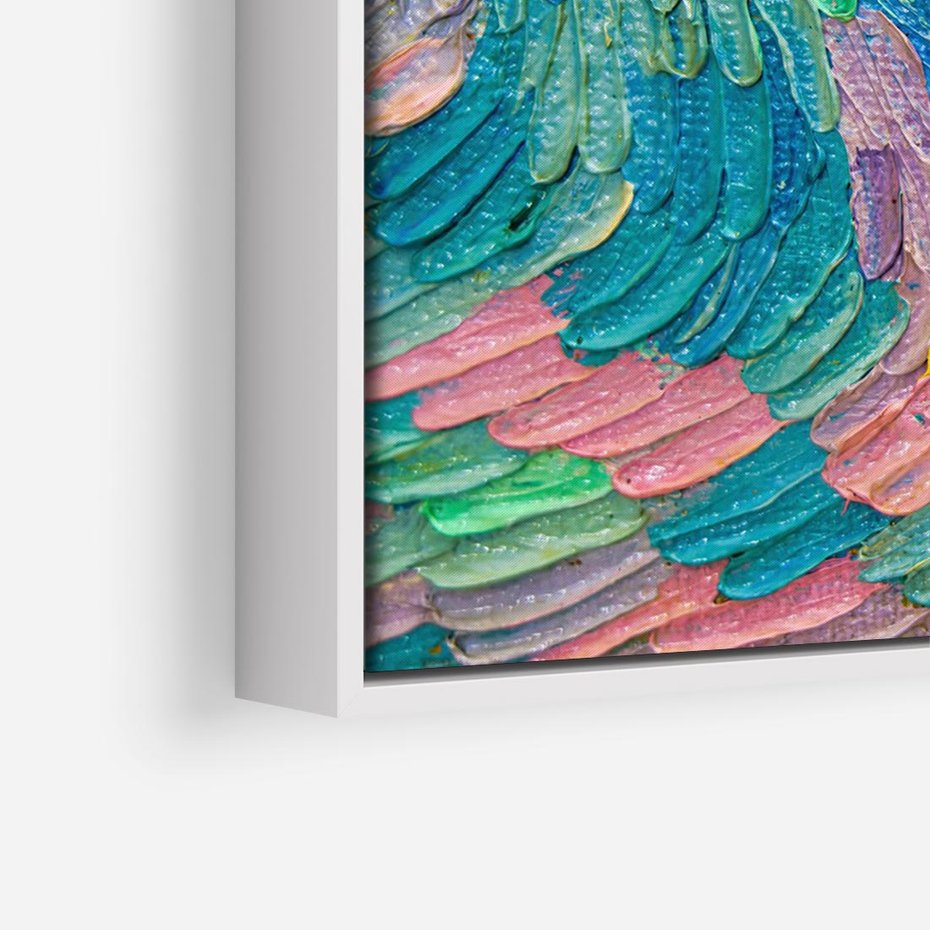 Obraz w ramie 70x50 - Egzotyczne Pióra - abstrakcyjne dzieło, farby olejne - rama biała