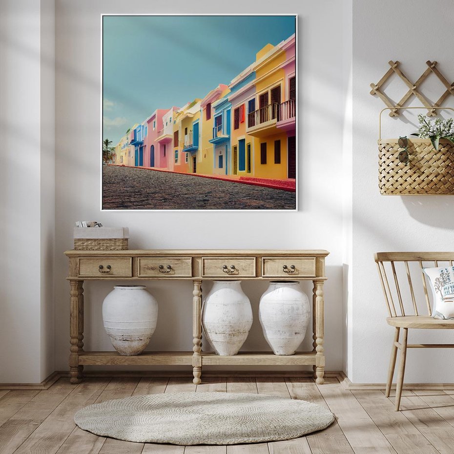 Obraz w ramie 80x80 - Ekspresja marzeń i tęsknot - pastelowe kolorowe budynki, wzdłuż ulicy - rama biała