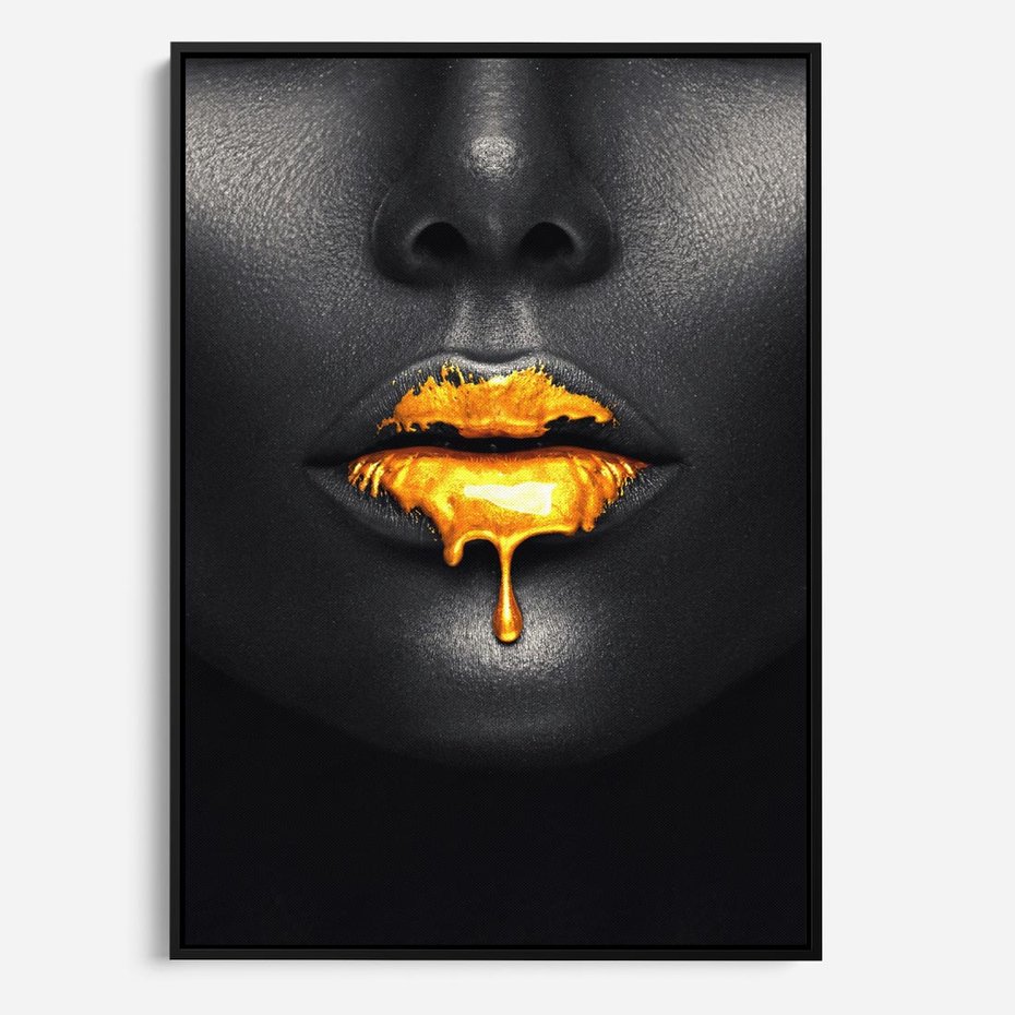 Obraz w ramie 50x70 - Złote Usta Kobiety - złote, usta - rama czarna