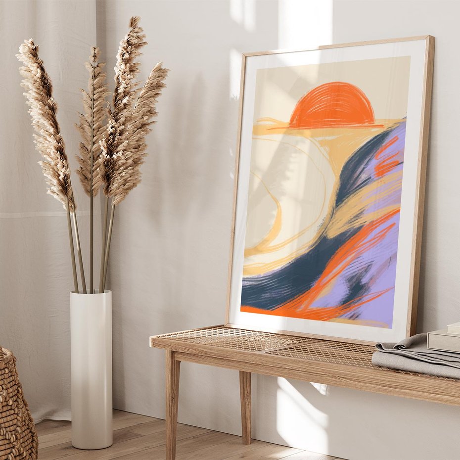 Plakat w ramie 30x40 - Pomarańczowy Horyzont - pastelowy krajobraz, nowoczesny plakat - rama drewno