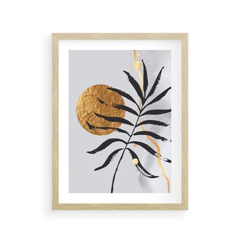 Plakat w ramie 50x70 - Grafika z Czarnym Liściem Palmy - czarny liść palmy, złóte kołó - rama drewno