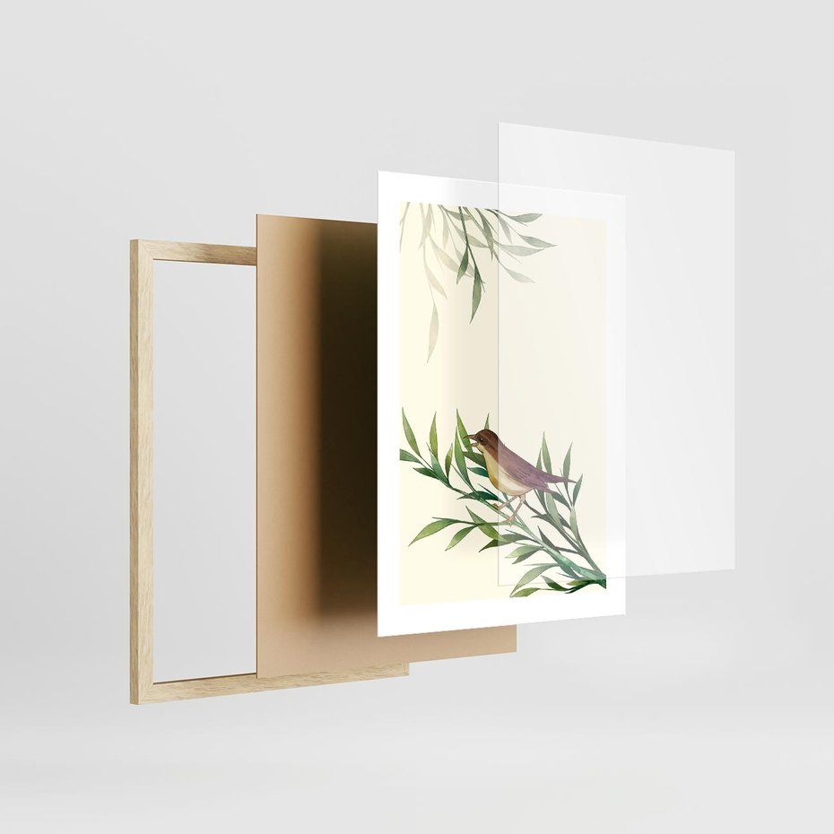 Plakat w ramie 30x40 - Roślinne Nastroje - japońska sztuka, ptak - rama drewno