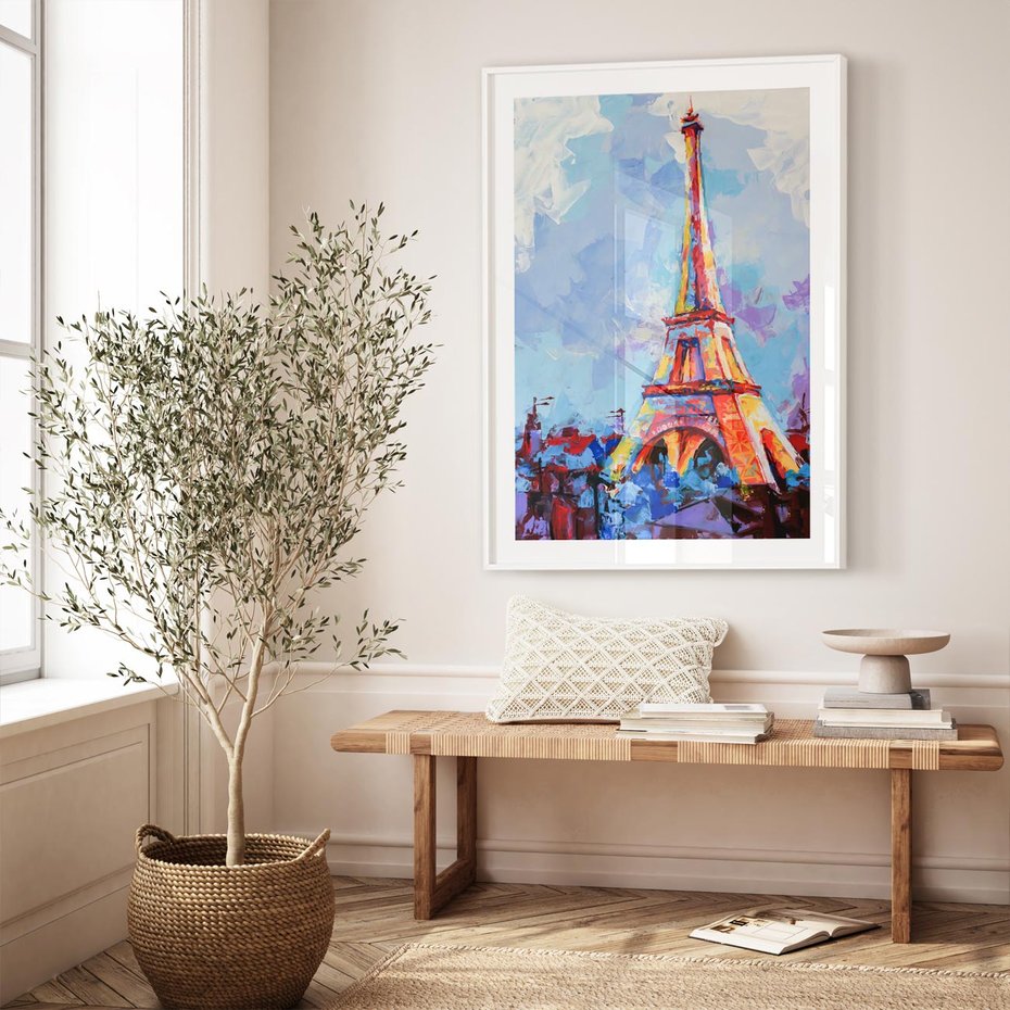 Plakat w ramie 30x40 - Paryska Wieża - olejny abstrakcyjny obraz, wieża eiffla - rama biała