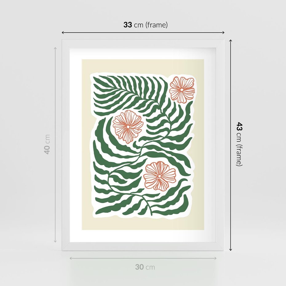 Plakat w ramie 30x40 - Migocące Wzory - abstrakcyjna kompozycja, paprocie - rama biała