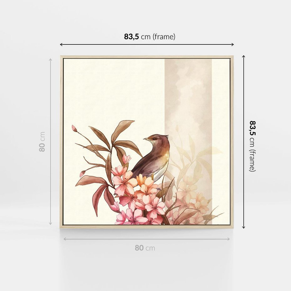 Obraz w ramie 80x80 - Kwiatowe Zanurzenie - japońska sztuka, ptak - rama drewno