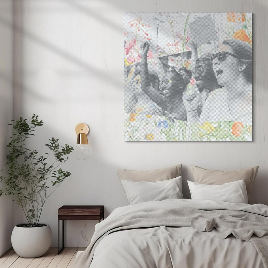 Obraz na płótnie 60x60 - Księga zaklętych marzeń - kolaż, czarnobiałe zdjęcie wesołych młodych ludzi