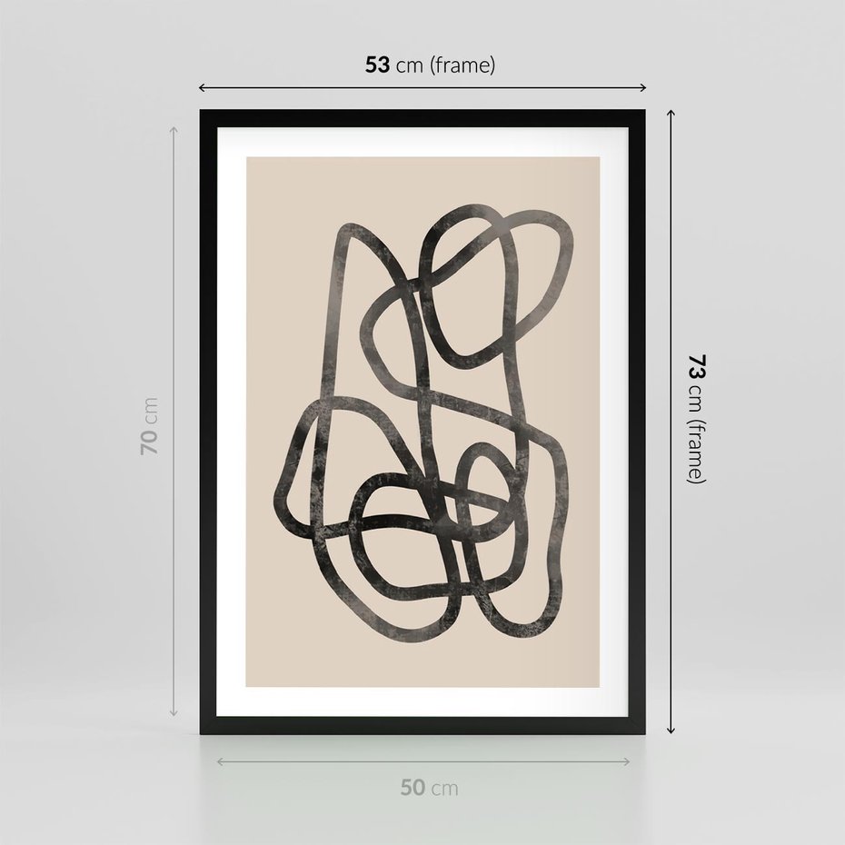 Plakat w ramie 50x70 - Przenikanie Wirtualnych Wymiarów - zaplątane minimalistyczne linie, na bezowym tle - rama czarna