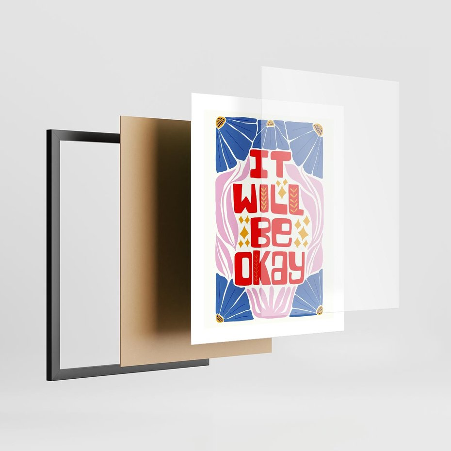 Plakat w ramie 40x50 - Kwiatowa Ekstaza - czerwona pozytywna typografia, kwiatowa kompozycja - rama czarna