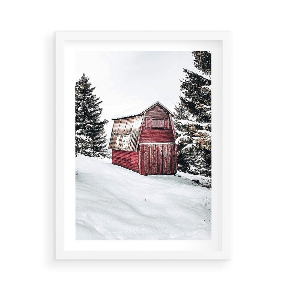 Plakat w ramie 50x70 - Domek w Śnieżnych Górach - domek, góry - rama biała