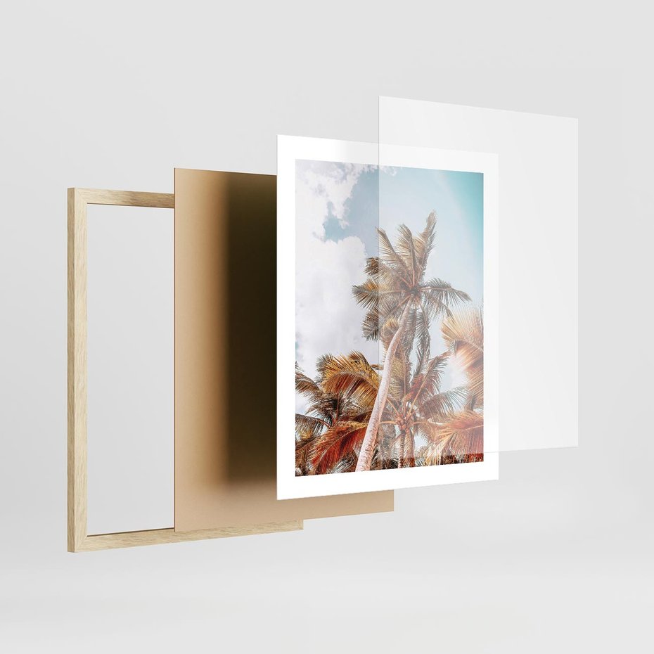 Plakat w ramie 40x50 - Plażowa Idylla z Palmami - palmy, rajska plaża - rama drewno