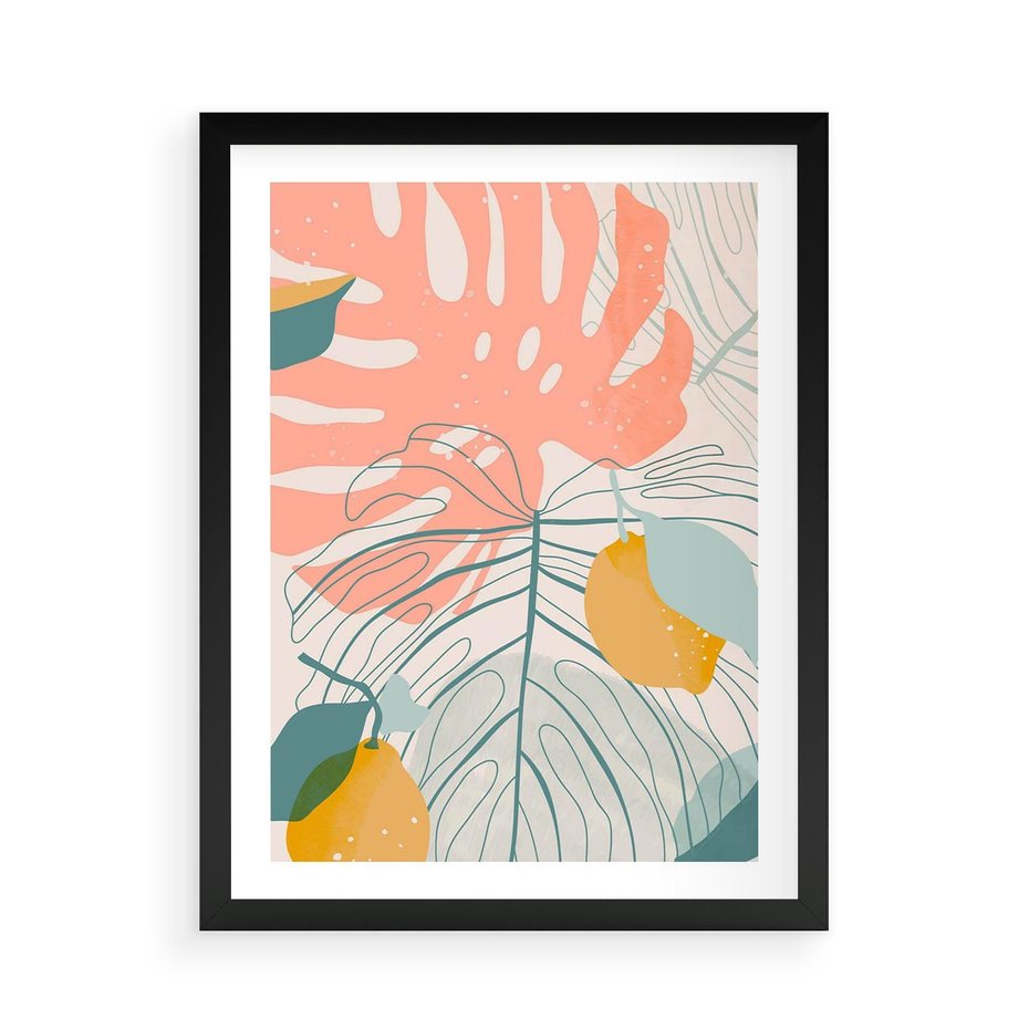Plakat w ramie 50x70 - Sztuka Natury: Liście Monstery w Pastelach - nowoczesna grafika, pastelowe liście monstery - rama czarna