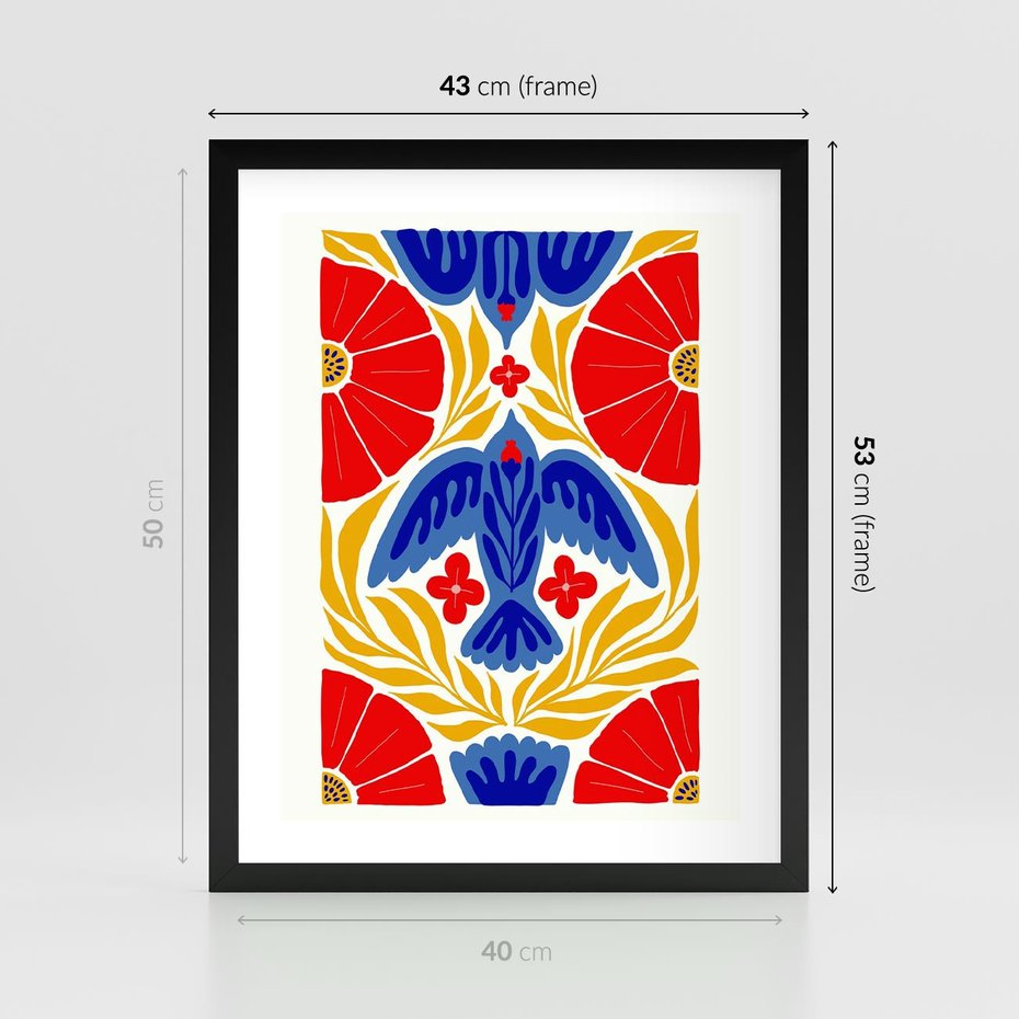 Plakat w ramie 40x50 - Eklektyczny Majestat - wyrazista grafika, mocne kolory czerwień niebieski żółty - rama czarna