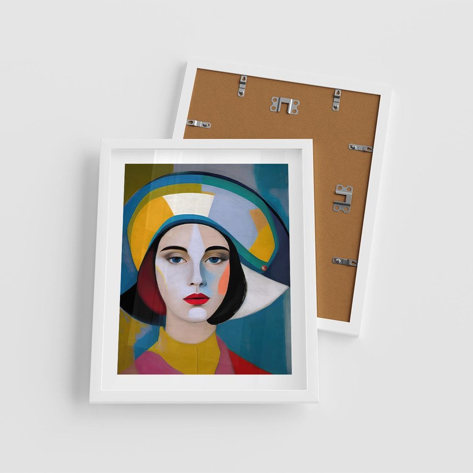 Plakat w ramie 40x50 - Kształtujące Widzenia - abstrakcyjny obraz olejny, portret twarzy kobiety - rama biała