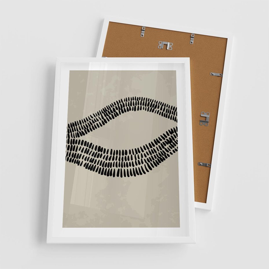 Plakat w ramie 50x70 - Kontury Ewolucji Materii - boho plakat, czarne kropki kreski - rama biała