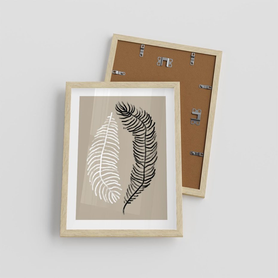 Plakat w ramie 30x40 - Spleciona Harmonia - sztuka nowoczesna, białe i czarne pióro - rama drewno