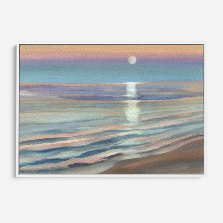 Obraz w ramie 70x50 - Witraże roziskrzonych myśli - akwarela, zamglony wschód słońca - rama biała