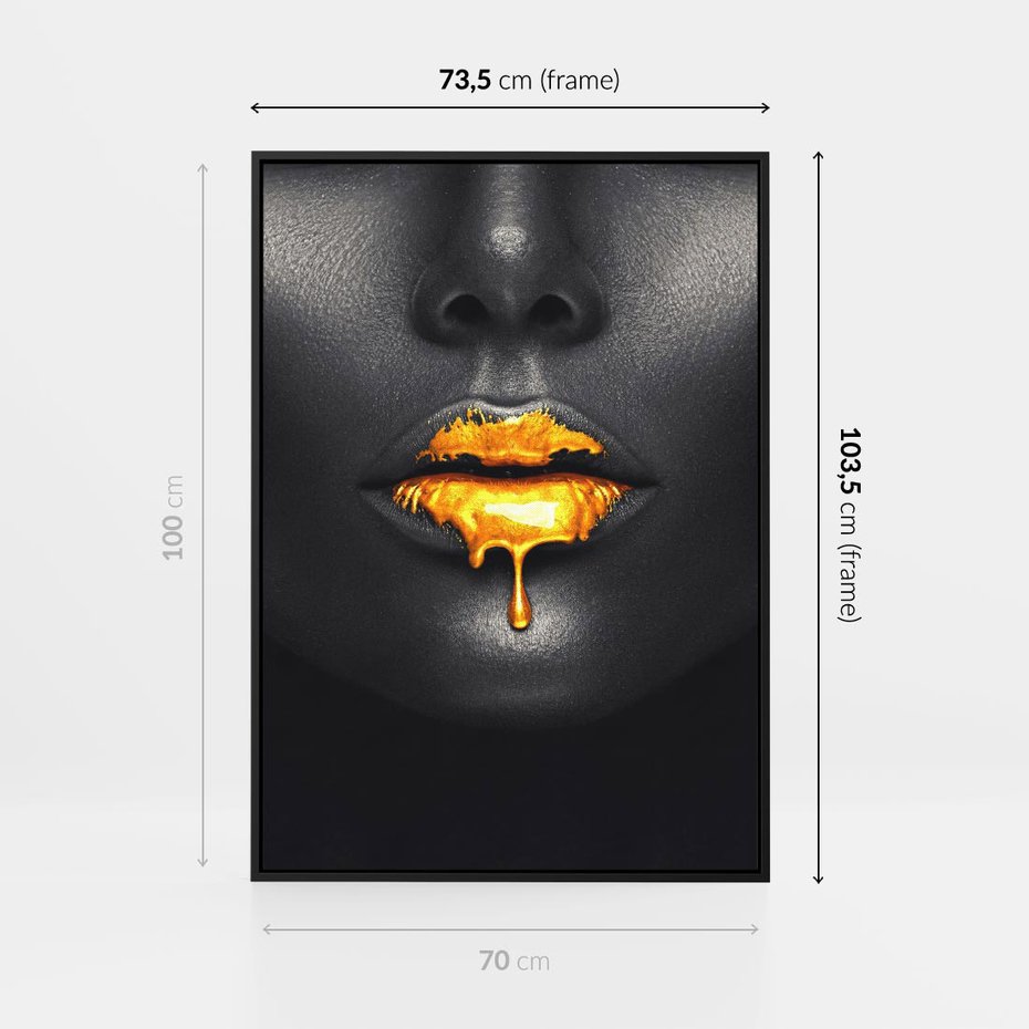 Obraz w ramie 70x100 - Złote Usta Kobiety - złote, usta - rama czarna
