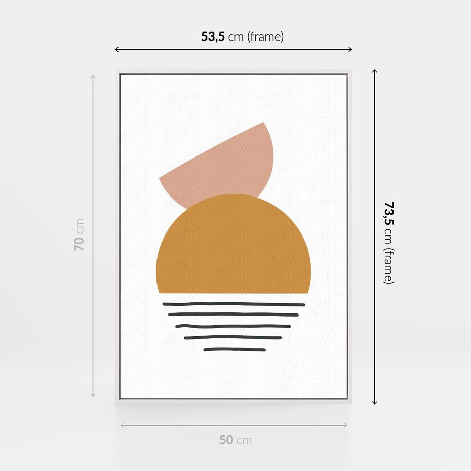 Obraz w ramie 50x70 - Kolory Przyszłości - kompozycja kół i kresek, ciepłe kolory - rama biała