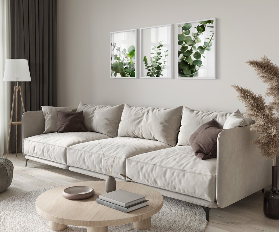 Zestaw obrazy w ramie 50x70 galeria - Eukaliptus, zielone, liście, minimalizm - rama biała