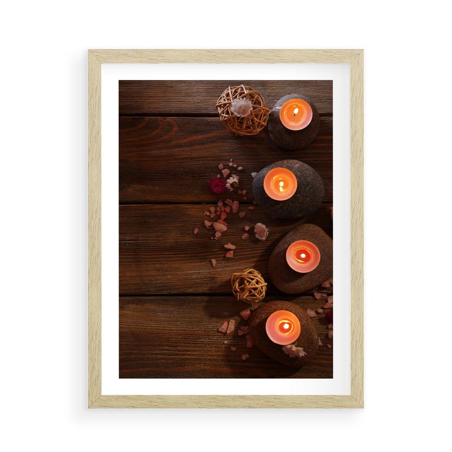Plakat w ramie 50x70 - Relaksujące spa z pochodniami - spa, świece - rama drewno