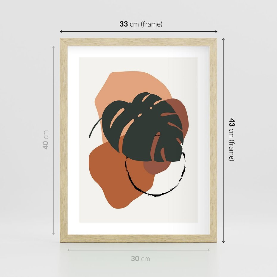 Plakat w ramie 30x40 - Brązowa Ekspresja - liść monstery, boho obraz - rama drewno