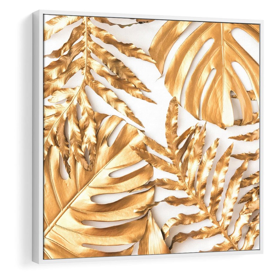 Obraz w ramie 50x50 - Monstera Złote Liście - monstera, złote - rama biała