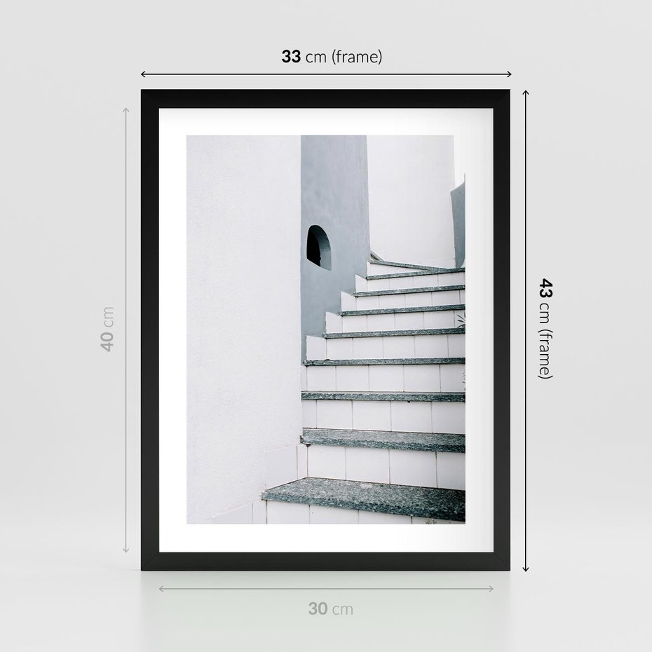 Plakat w ramie 30x40 - Schody ku Urokowi Wyspy - schody, santorini - rama czarna