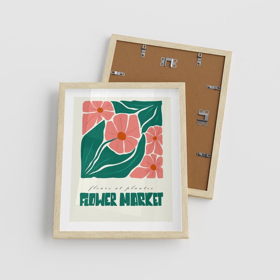 Plakat w ramie 40x50 - Retro Inspiracja - minimalistyczna kwiatowa kompozycja, pastelowe kolory - rama drewno