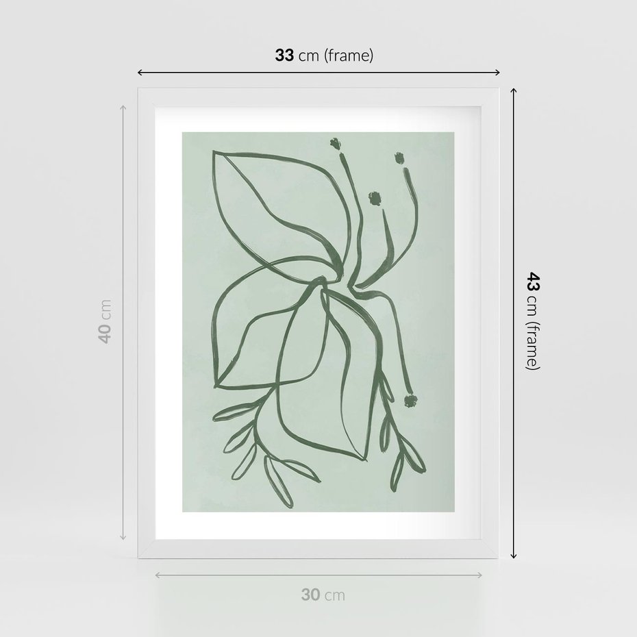 Plakat w ramie 30x40 - Energetyczne Odrodzenie Natury - abstrakcyjne delikatne zielone linie, podobne do gałęzi kwiatów - rama biała