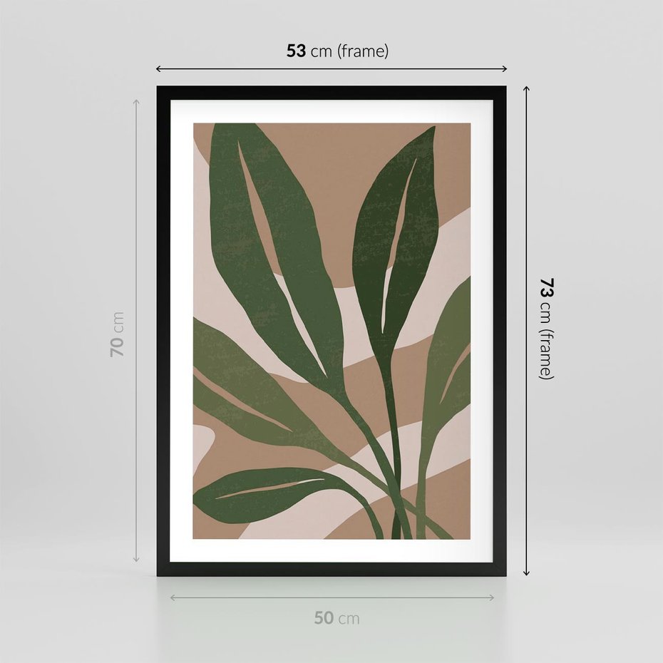 Plakat w ramie 50x70 - Nowoczesność Natury: Plakat z Zielonymi Liśćmi - nowoczesny plakat, beż - rama czarna
