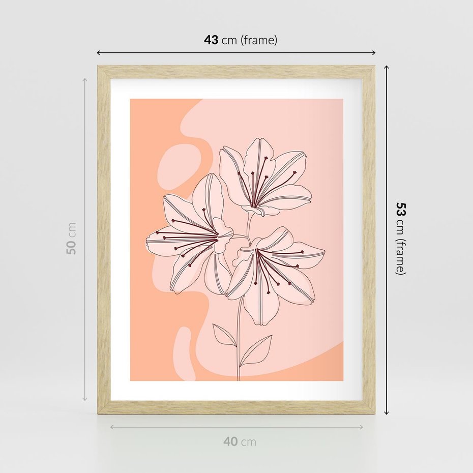 Plakat w ramie 40x50 - Kwiatowa Harmonia - minimalistyczny plakat, pudrowe kwiaty - rama drewno