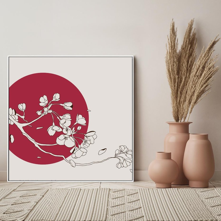 Obraz w ramie 80x80 - Esencja Zen - kwiatnąca wiśnia, orientalna grafika - rama biała