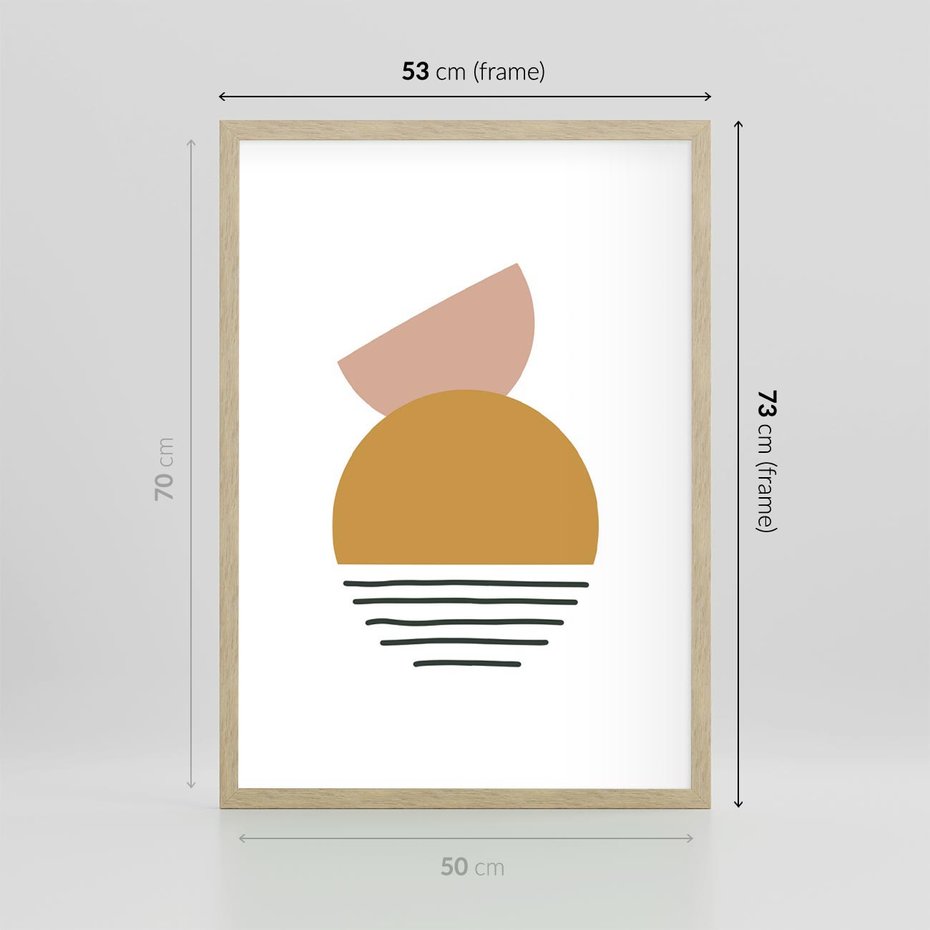 Plakat w ramie 50x70 - Kolory Przyszłości - kompozycja kół i kresek, ciepłe kolory - rama drewno