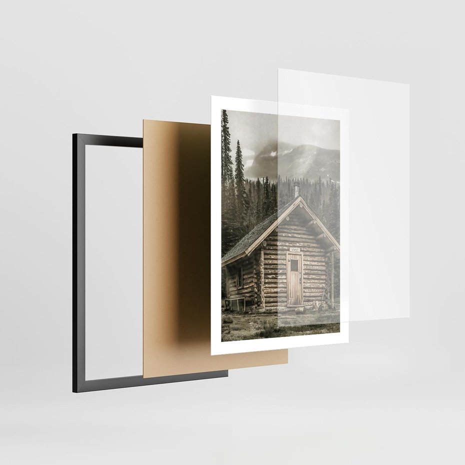 Plakat w ramie 50x70 - Urok Drewnianej Chatki w Górach - chatka w górach, drewniany domek - rama czarna