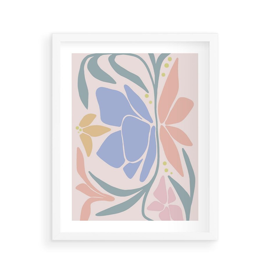 Plakat w ramie 40x50 - Pastele Kwiatowych Plam - pastelowe kwiaty, na beżowym tle - rama biała
